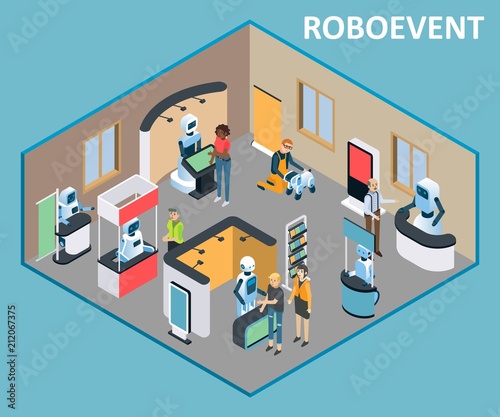 Robots event vector isometric illustration
