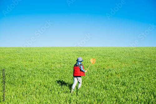 Little boy with a butterfly net in hand runs across the green field. photo