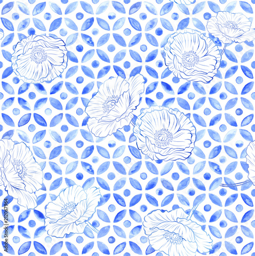 Moroccan poppy seamless tile - navy watercolor