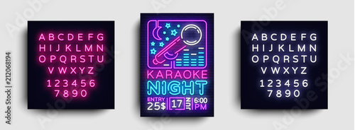 Karaoke design poster vector. Karaoke Party Design Template Flyer, Neon Style, Karaoke Night brochure, Neon Banner, Light Flyer, Concert Invitation, Live Music, Night Party. Editing text neon sign