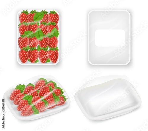 Strawberries tray package vector realistic mockups