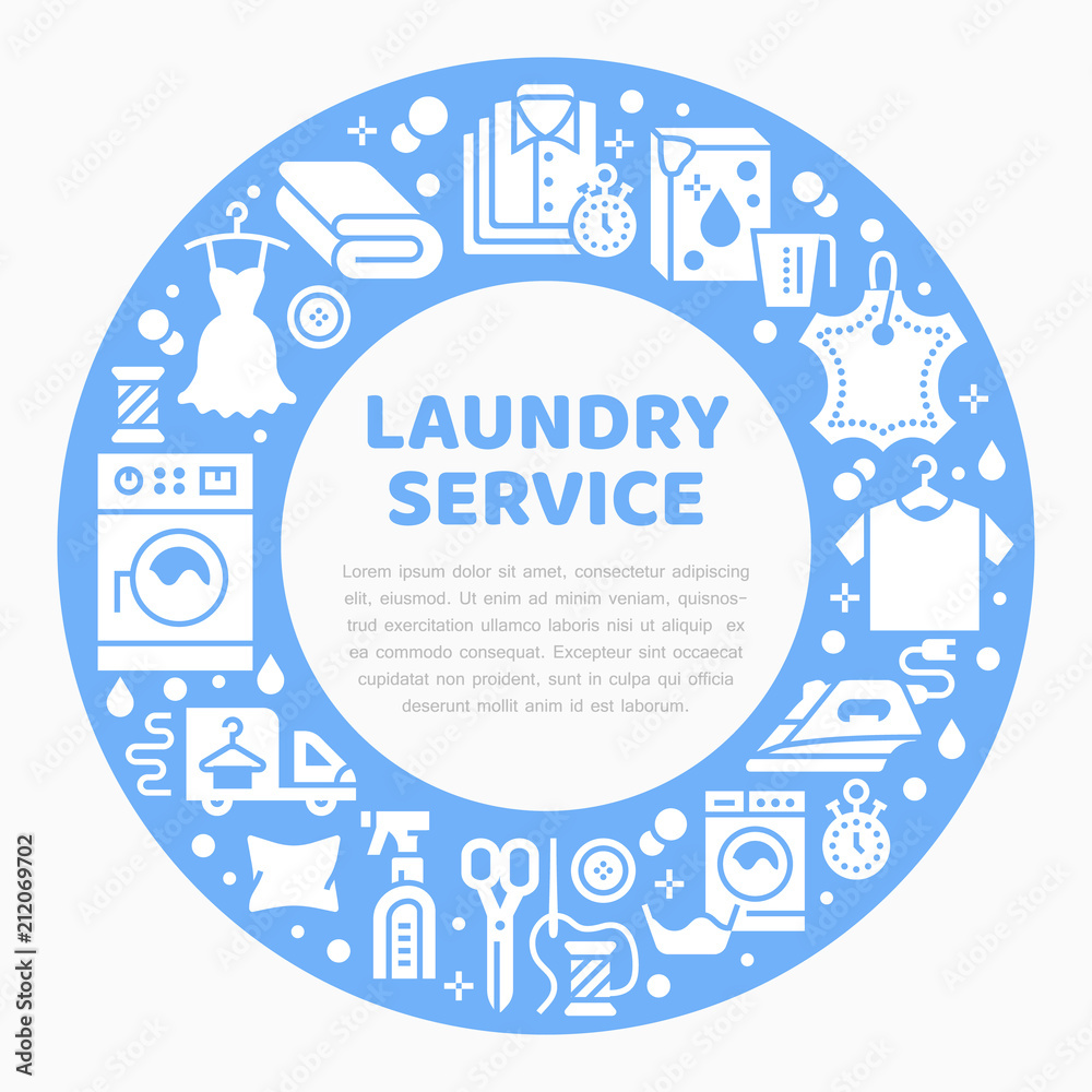 Dry cleaning, banner illustration with blue flat glyph icons. Laundry service equipment, washing machine, clothing leather repair garment steaming. Circle template launderette poster.