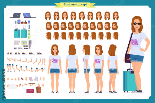 Tourist female, vacation traveller character creation set. Full length, views, emotions, gestures, tan skin tones, white background. Build your own design. 