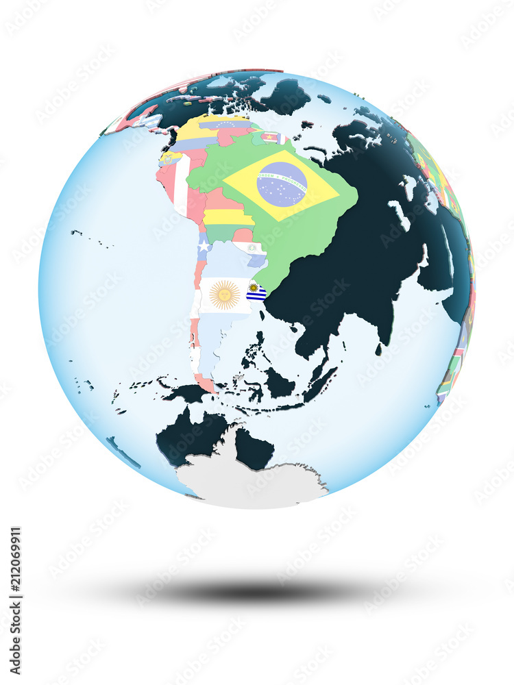 Obraz premium Uruguay on globe with flags