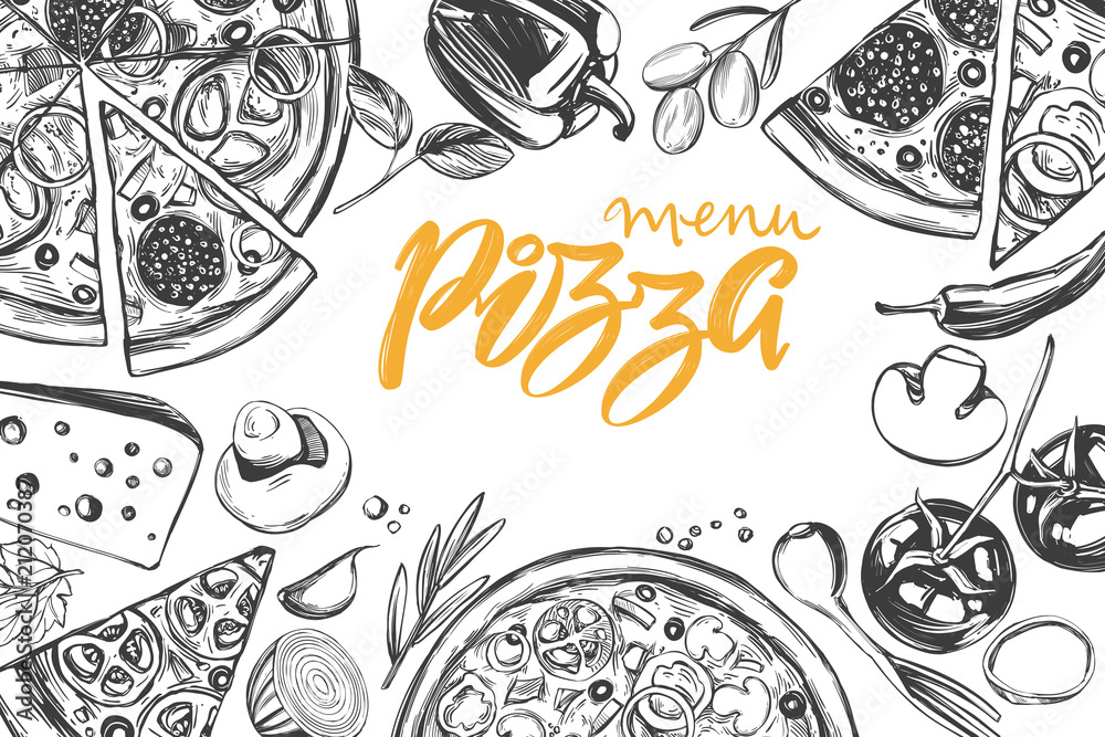 Fototapeta Włoska pizza, kolekcja pizzy ze składnikami, logo, ręcznie rysowane wektor ilustracja realistyczny szkic,