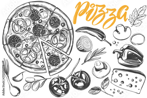 Italian pizza , collection of pizza with ingredients, logo, hand drawn vector illustration realistic sketch ,