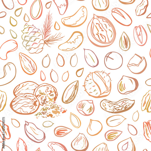 Vector seamless pattern Nuts and seeds. Hand drawn elements with brown gradient outline on white. Almond, cashew, peanut, walnut, pecan, macadamia, brazil nut, hazelnut, pumpkin and sunflower seeds.