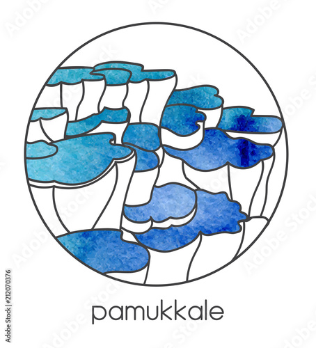 Vector illustration of famous turkish landmark and travel destination Pamukkale in central Turkey. Modern line image in white and blue colors in circle frame for label, badge, card design.