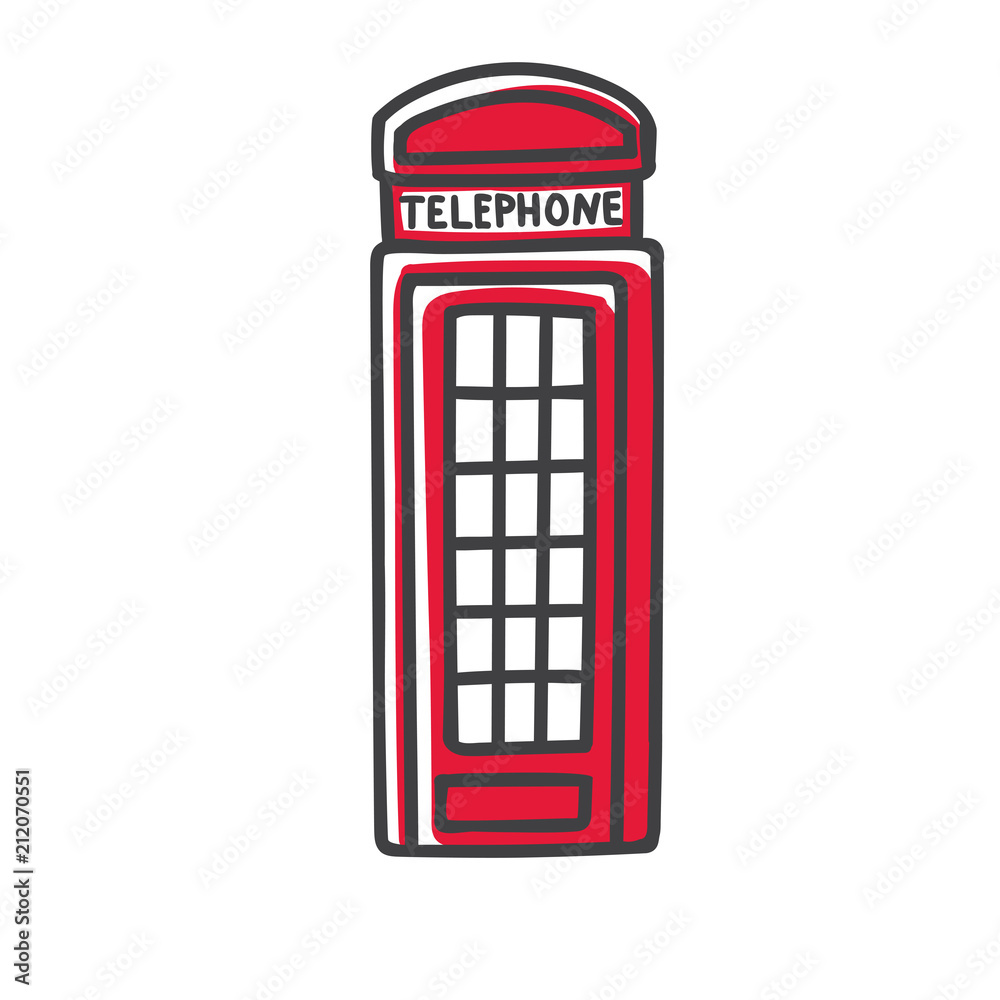 Vettoriale Stock Vector modern illustration of a famous symbol of London -  street telephone box. Hand drawn doodle icon in clear minimalistic style  with black outline and red element isolated on white