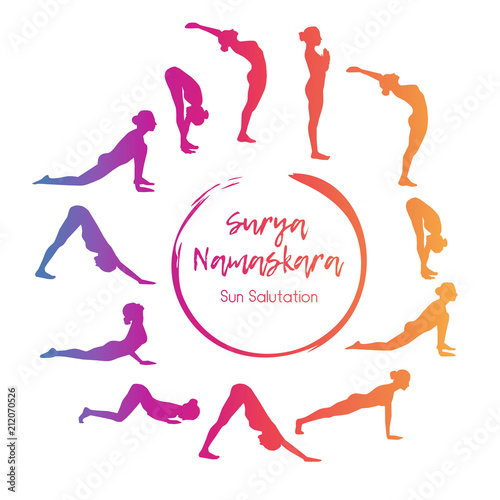 Vector illustration yoga exercise Sun Salutation. Steps of morning gymnastics in colorful gradient with silhouettes of slim woman in different positions in circle composition.