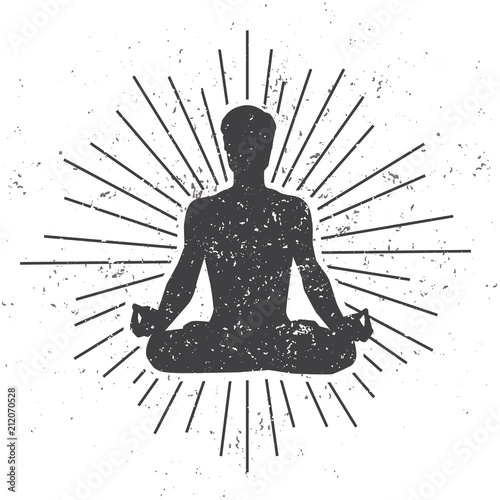 Vector illustration of a male silhouette in meditating lotus pose with scroll and sunburst on white background with dirty grunge texture. Yoga concept print, poster, card and flyer design for men.