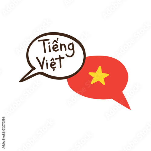 Translation: Vietnamese. Vector illustration of hand drawn doodle speech bubbles with a national flag of and hand written name of the language. Language course or translation agency design.