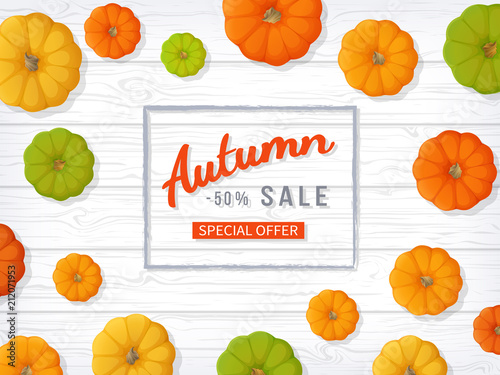 Autumn sale background. Horizontal banner flyer in a rectangular frame with colored pumpkins on a white wooden table. Special seasonal offer, discount.  Vector illustration. Top view