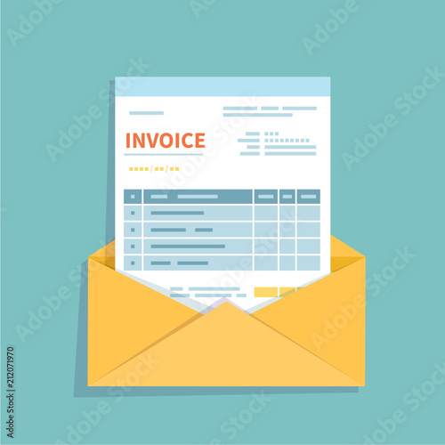 Invoice in an open envelope. Unfilled, minimalistic form of the document. Payment and invoicing, business or financial operations sign. Template design in the flat style. Vector isolated icon