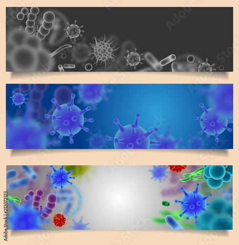 Vector set of banners with viruses and microbes