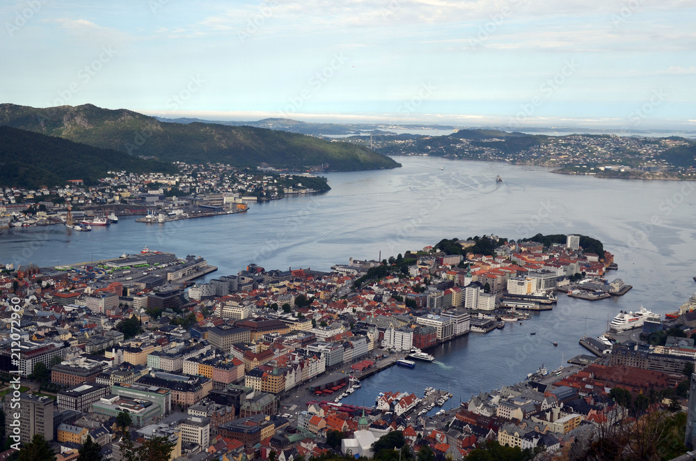 Bergen aerial panoramic view from Mount Floyen viewpoint. Bergen is a city and municipality in Hordaland, Norway
