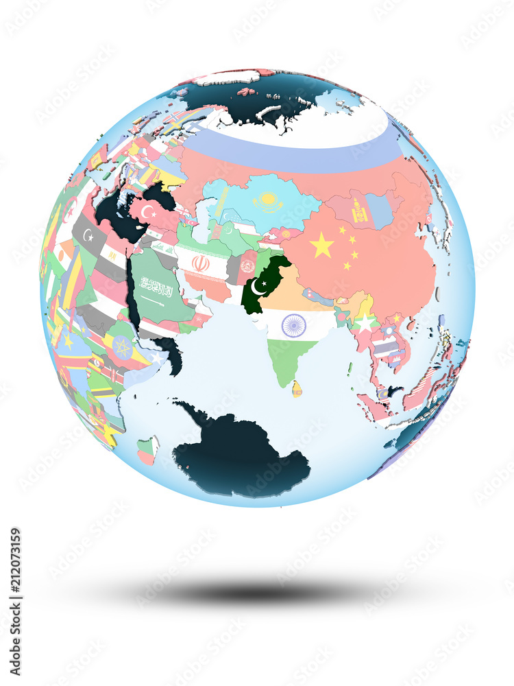 Fototapeta premium Pakistan on globe with flags