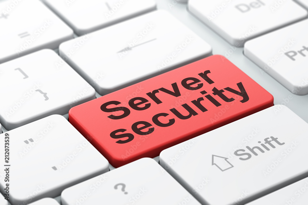 Security concept: computer keyboard with word Server Security, selected focus on enter button background, 3D rendering Security concept: computer keyboard with word Server Security, selected focus on enter button background, 3D rendering