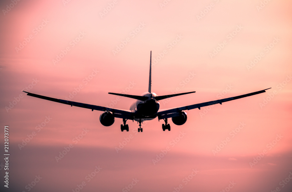 Airplane landing at sunset