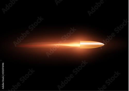 A flying bullet with a fiery trace. Isolated on a transparent background. Vector illustration