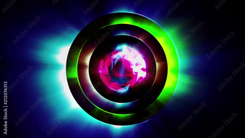 Multicolored concentric circles with abstract sphere in center, seamless loop. 3D motion graphics, 4K animation.