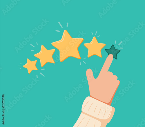 Vector cartoon funny illustration of Rating selection finger. Human hands put estimate. Rank. Five stars.