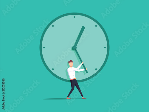 Business deadline or time vector concept. Businessman pulling minute hand. Eps10 vector illustration.