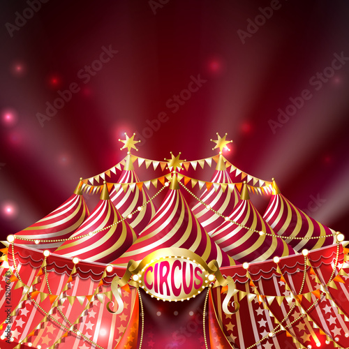 Vector striped circus tent with golden flags, stars and illuminated signboard on red background in shining rays. Empty marquee for performances with open entrance. Template for ad banner, poster