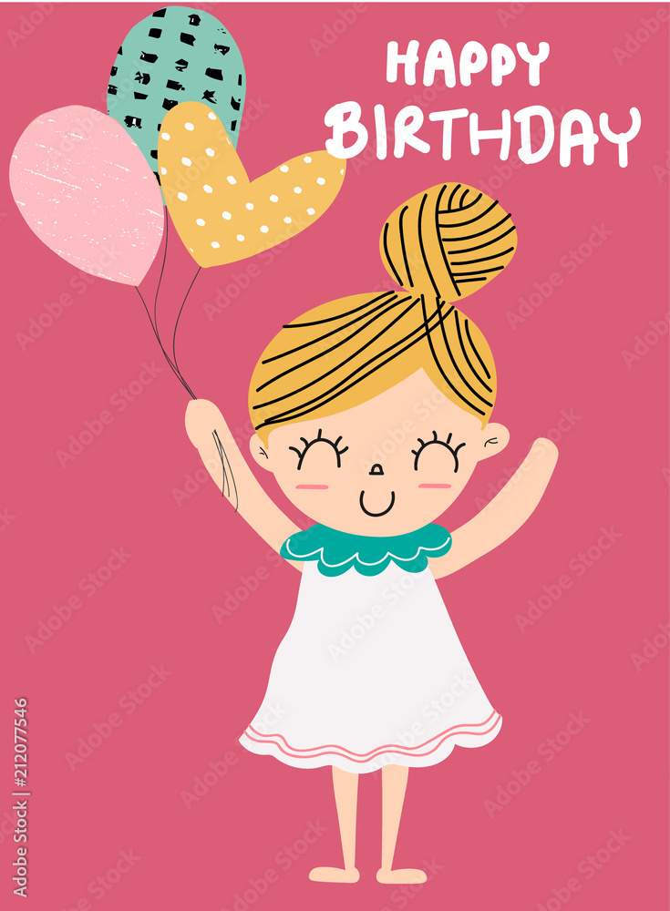 birthday card a cute girl holding balloon