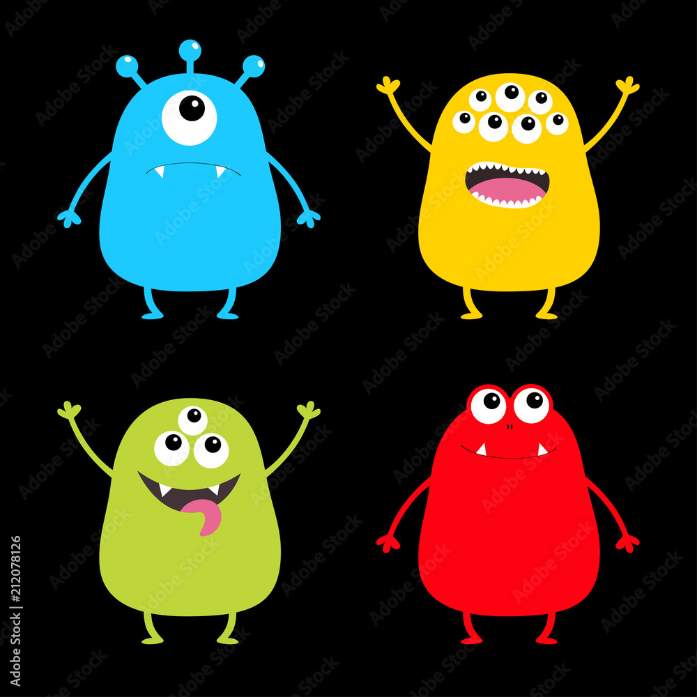 Fototapeta premium Colorful monster silhouette set. Cute cartoon scary character. Baby collection. Eyes, tongue, hands up. Black background. Isolated. Happy Halloween card. Flat design.