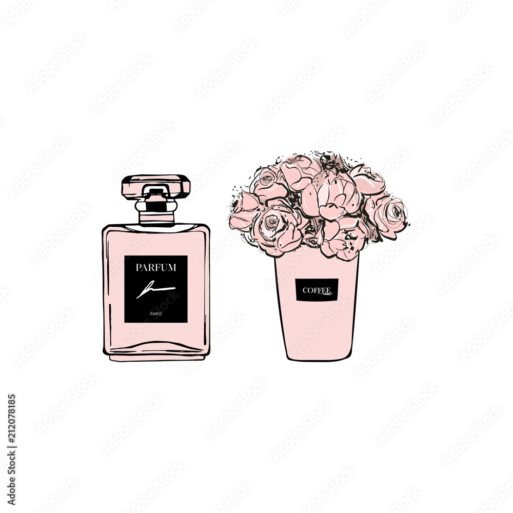 Fashion girl set: french perfume with coffee cup floral with pink flowers.  Hand drawn vector illustrations Perfect for invitation, greeting card,  poster, print etc., Sketch. Cute stickers for girls. Stock Vector
