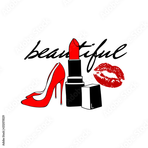 Red kiss lips, red lipstick, Women's shoe and lettering: beautiful. Makeup Fashion style. Vector hand drawn elements isolated. Modern cool sexy set of icons, patches badge