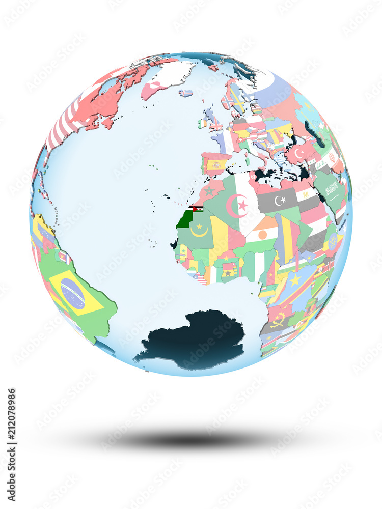 Fototapeta premium Western Sahara on globe with flags