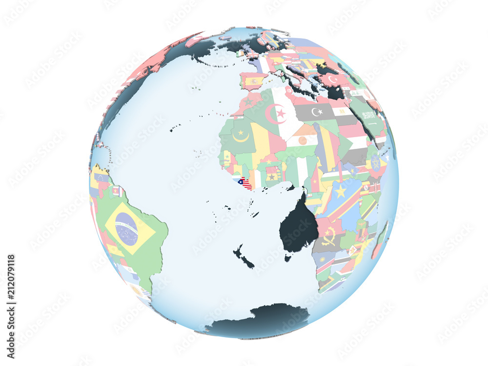Obraz premium Liberia with flag on globe isolated