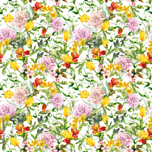 Wallpaper Mural Vintage summer flowers, leaves, herbs. Repeating floral background. Watercolor Torontodigital.ca