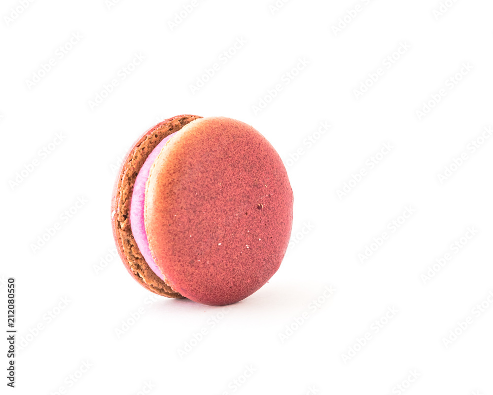 Red velvet macaroon isolated on white background. Studio shot delicious and colorful French macaroon. Pastel colors of sweet food dessert, delicacy, colorful cookies, minimal concept Red velvet macaroon isolated on white background. Studio shot delicious and colorful French macaroon. Pastel colors of sweet food dessert, delicacy, colorful cookies, minimal concept