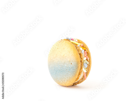 Birthday macaroon isolated on white background. Studio shot delicious and colorful French macaroon. Pastel colors of sweet food dessert, delicacy, colorful cookies, minimal concept