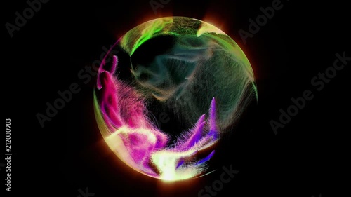 Multicolored sphere of shining particles on black background, seamless loop. 3D motion graphics, 4K abstract animation.