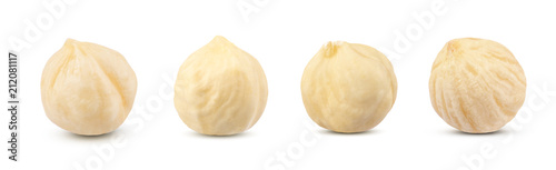 Collection set macro shot of four fresh raw peeled filbert hazelnut isolated on white background.