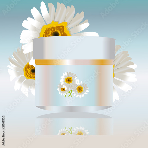 cosmetic elegant container with cream, healty with chamomile hand drawn vector illustration