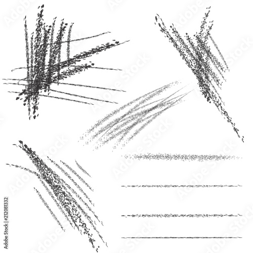 Set of four chalk brushes. Textures of chalk and charcoal. Vector brush strokes. Expressive grunge template. Designed for registration of various design projects: posters, banners, stickers.