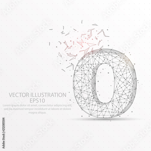 Number zero starry sky or space low poly wire frame on white background.