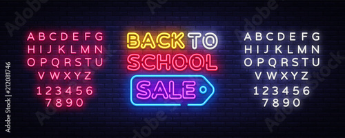 Back to school sale neon sign vector. Back to school Design template neon sign, light banner, neon signboard, bright advertising, light inscription. Vector illustration. Editing text neon sign