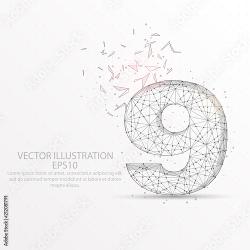 Number nine starry sky or space low poly wire frame on white background.