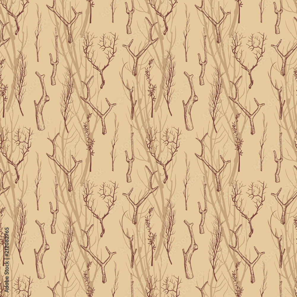 Rustic wood branches seamless pattern. Hand drawn branches vintage texture