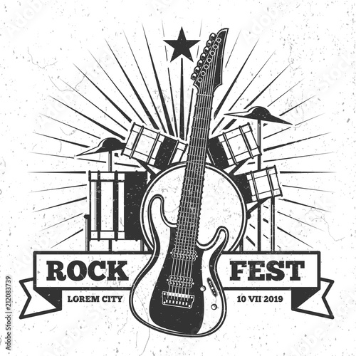 Grunge monochrome rock festival poster design. Hipster music vector emblem