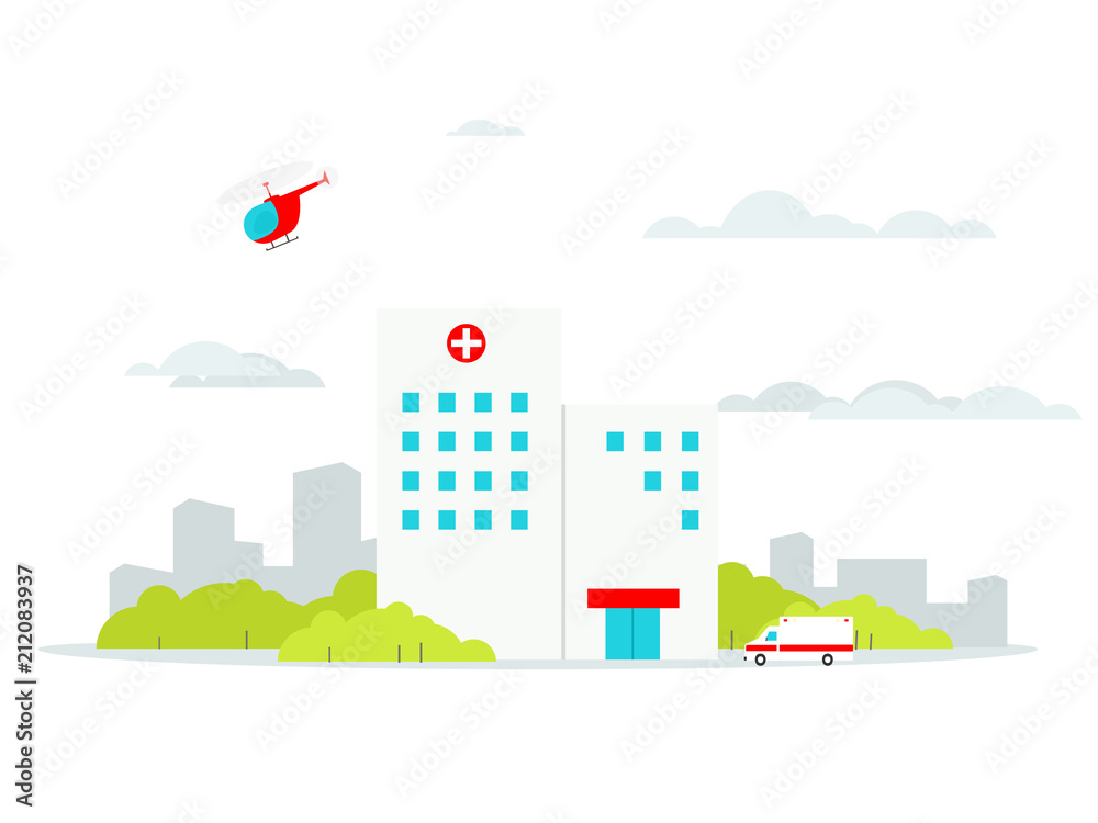 Flat Hospital building with ambulance and helicopter.