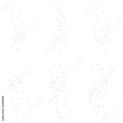 Air bubbles flow on white background. Oxygen in water, sea, aquarium. Fizzy drink.