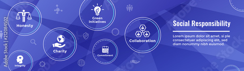  Social Responsibility Web Banner Icon Set and Web Header Banner w Honesty, integrity, & collaboration, etc