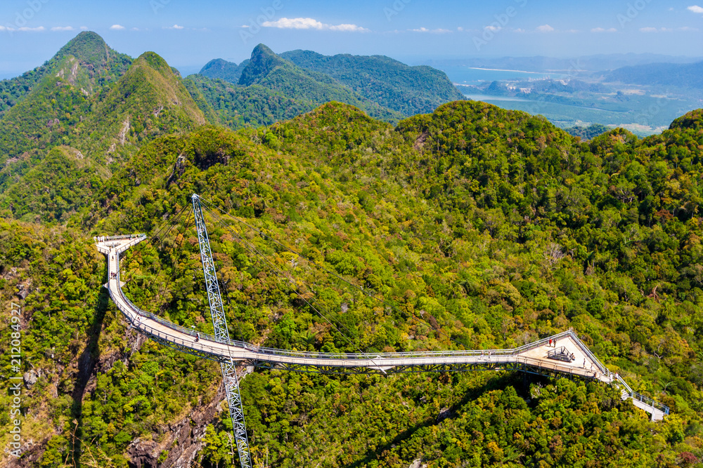 Aerial perspective of the Langkawi Sky Bridge, a curved pedestrian